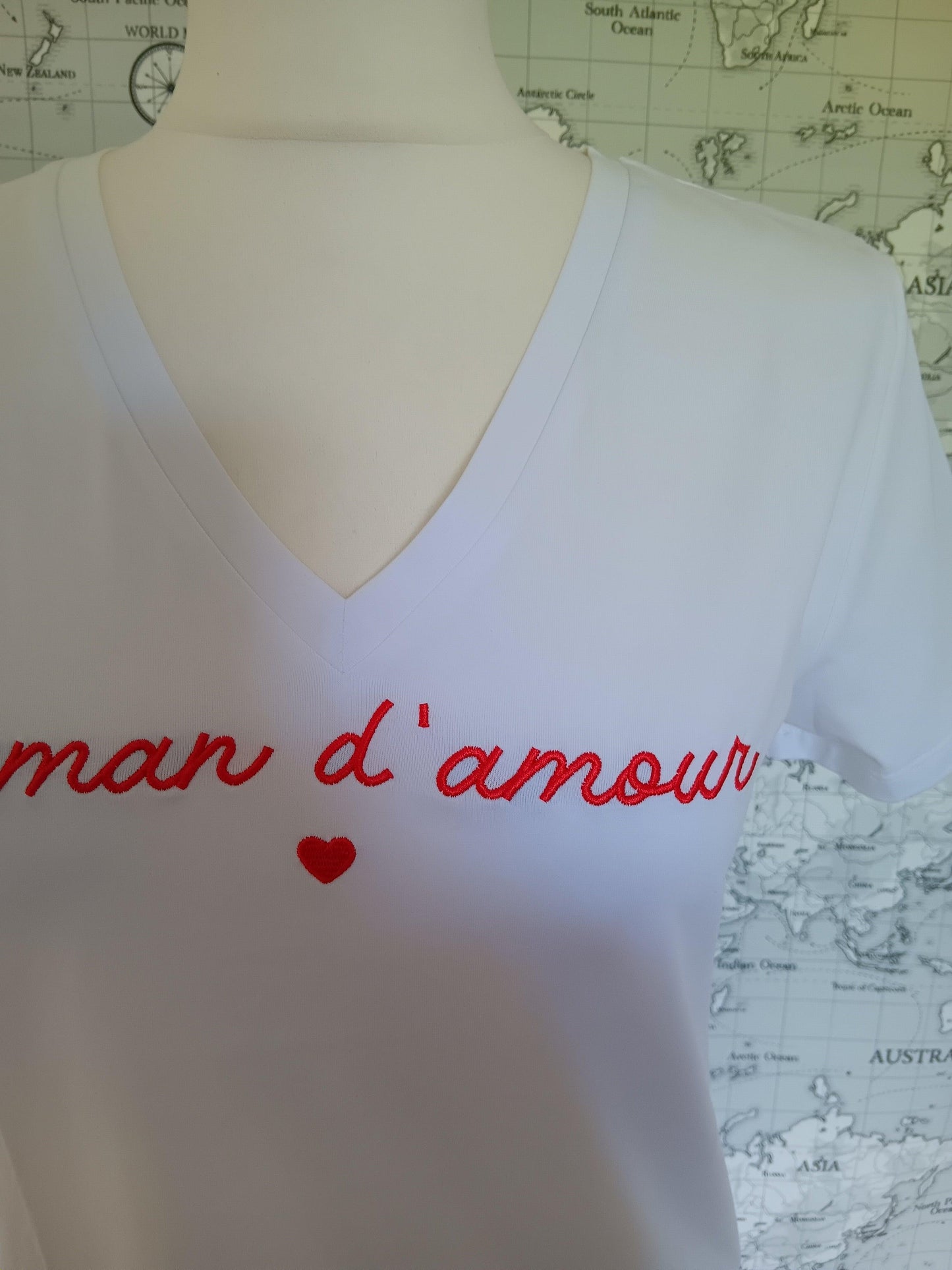 White V-neck t-shirt with red 'maman d'amour' embroidery from Le Petit Placard