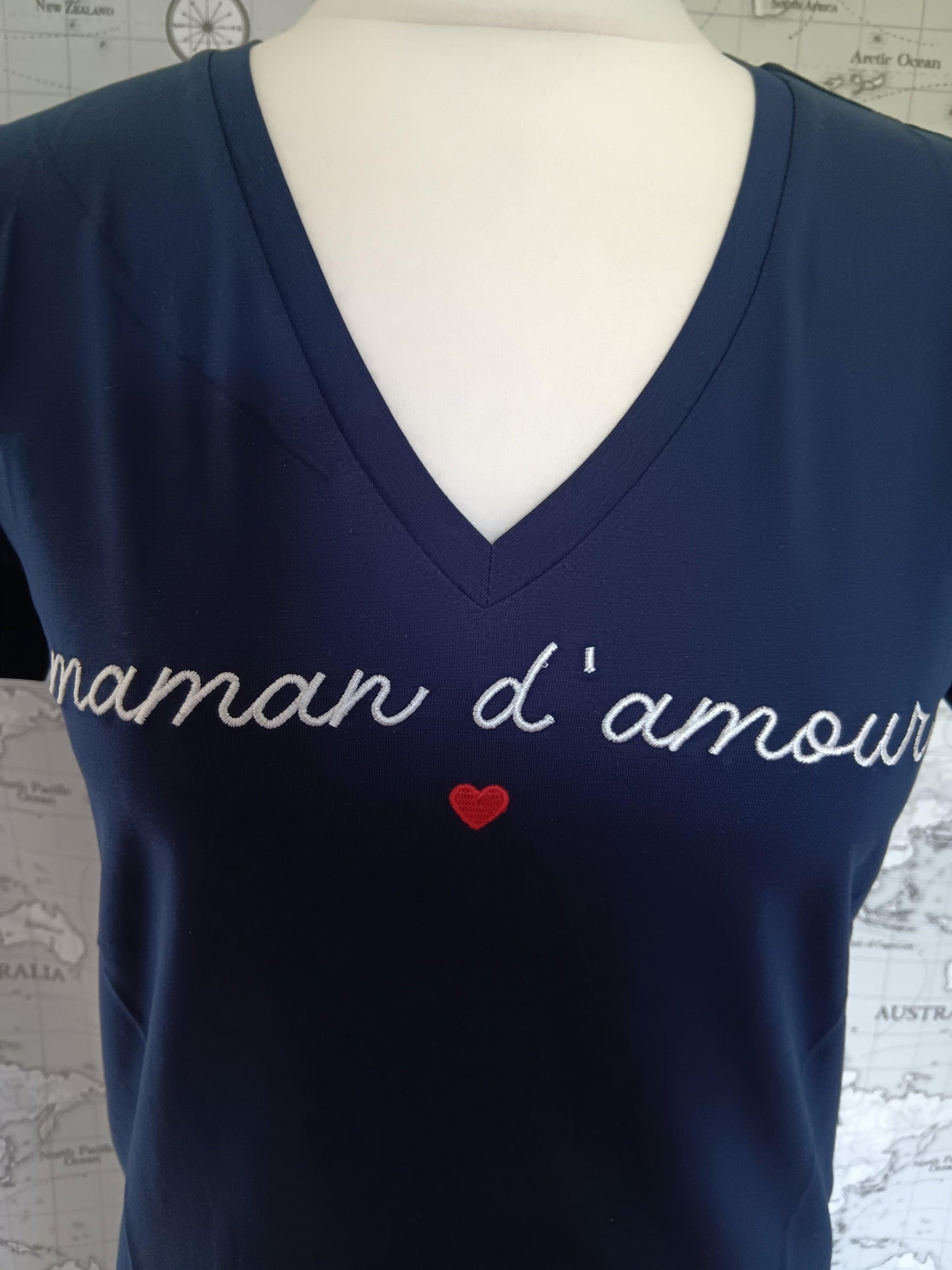 Navy blue v-neck t-shirt with 'maman d'amour' and red heart embroidery by Le Petit Placard