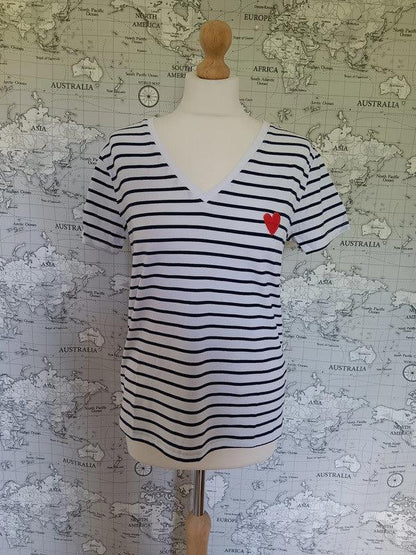 Blue striped t-shirt with red heart patch, Le Petit Placard fashion, on mannequin.