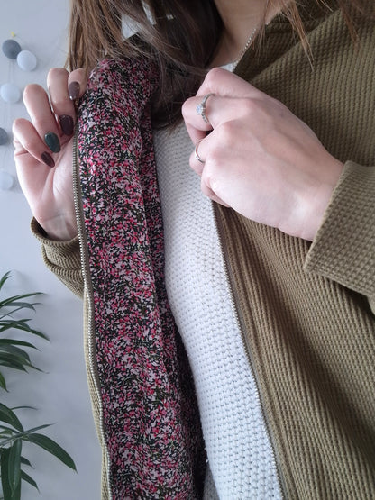 Woman showing floral lining inside khaki Laura Jo raincoat, Le Petit Placard fashion
