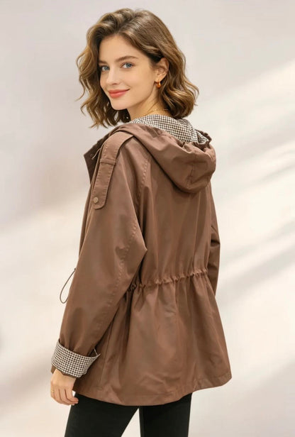 Imperméable Femme Marron à Capuche – Coupe-Vent Léger Taille Élastiquée | Doublure Pied-de-Poule