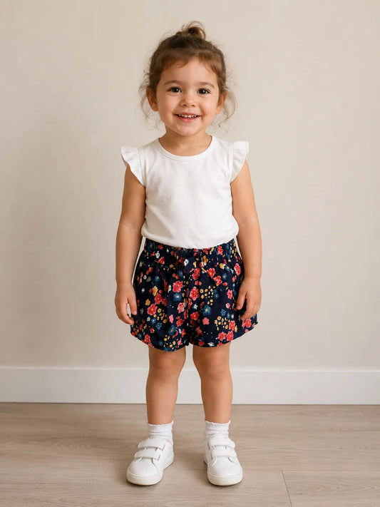 Short fleuri enfant: short noir à imprimé floral marine porté par une petite fille sur fond neutre.
