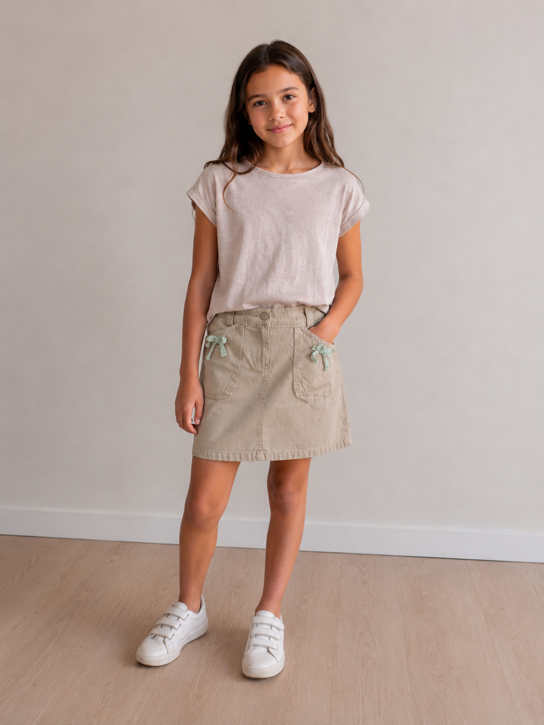 Jupe Beige Fille – Poches & Nœuds Menthe 12 ans