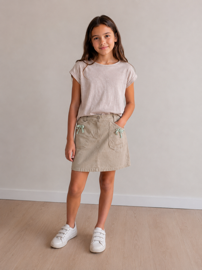 Jupe Beige Fille – Poches & Nœuds Menthe 12 ans