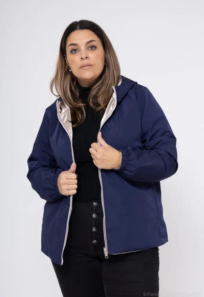 Manteau court imperméable bleu marine réversible doré Melya Melody Curvy - Le Petit Placard