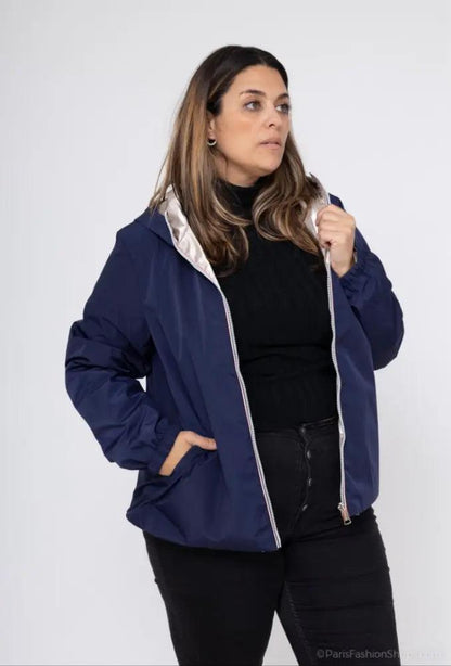 Manteau court imperméable bleu marine réversible doré Melya Melody Curvy - Le Petit Placard