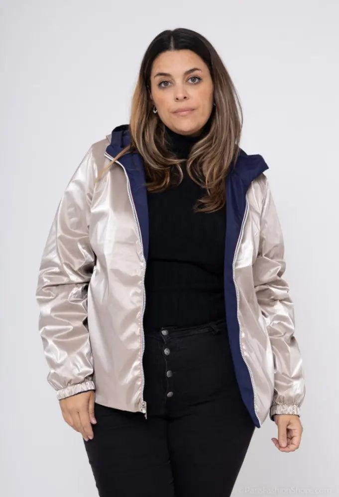 Manteau court imperméable bleu marine réversible doré Melya Melody Curvy - Le Petit Placard