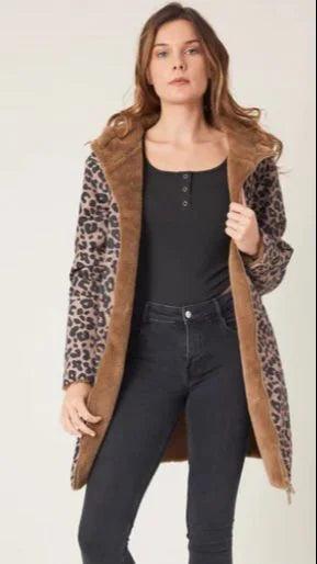Manteau imperméable long réversible fourré taupe léopard marque Escandelle - Le Petit Placard