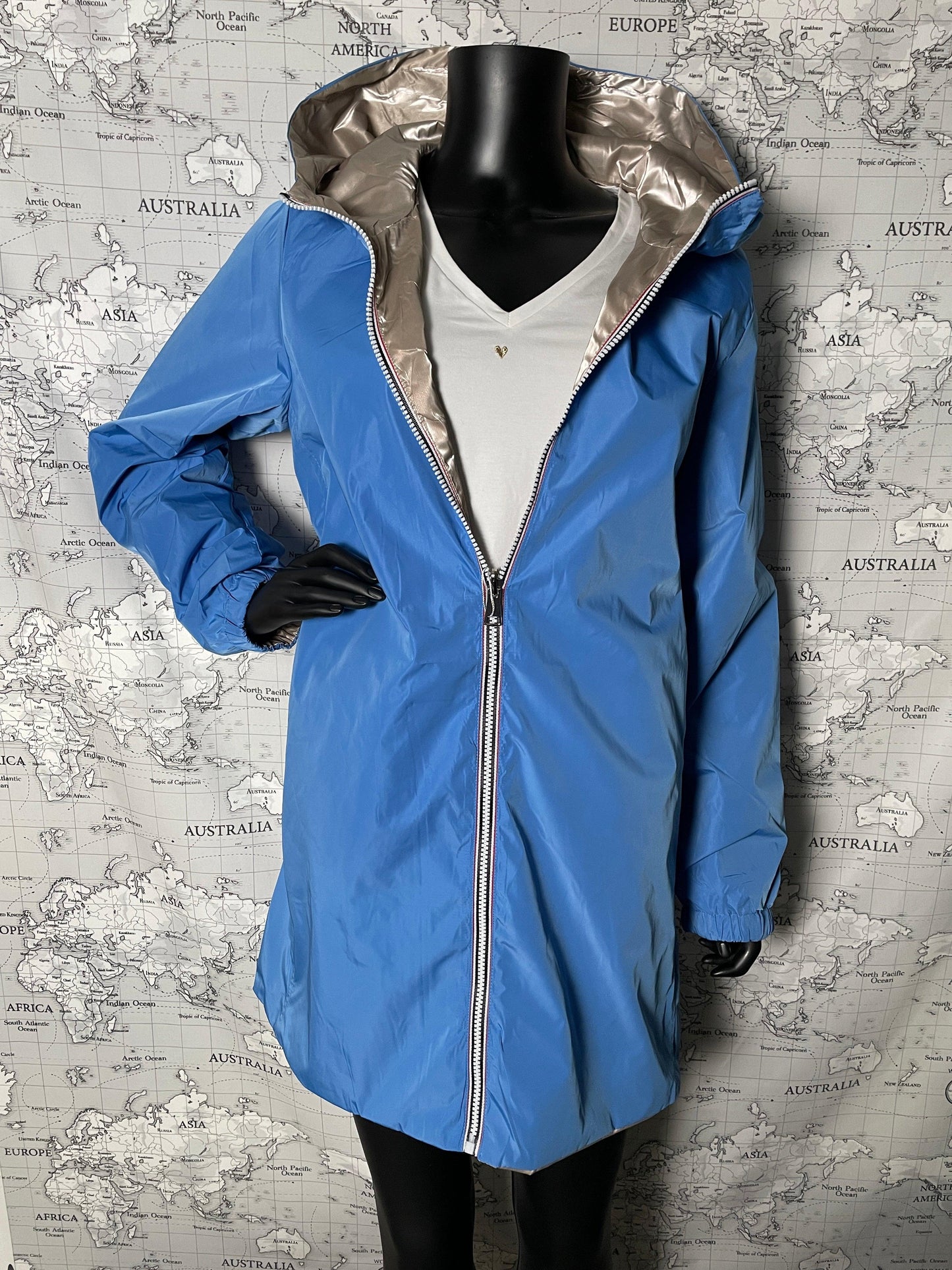 Manteau long réversible imperméable Melya Melody bleu doré - Le Petit Placard