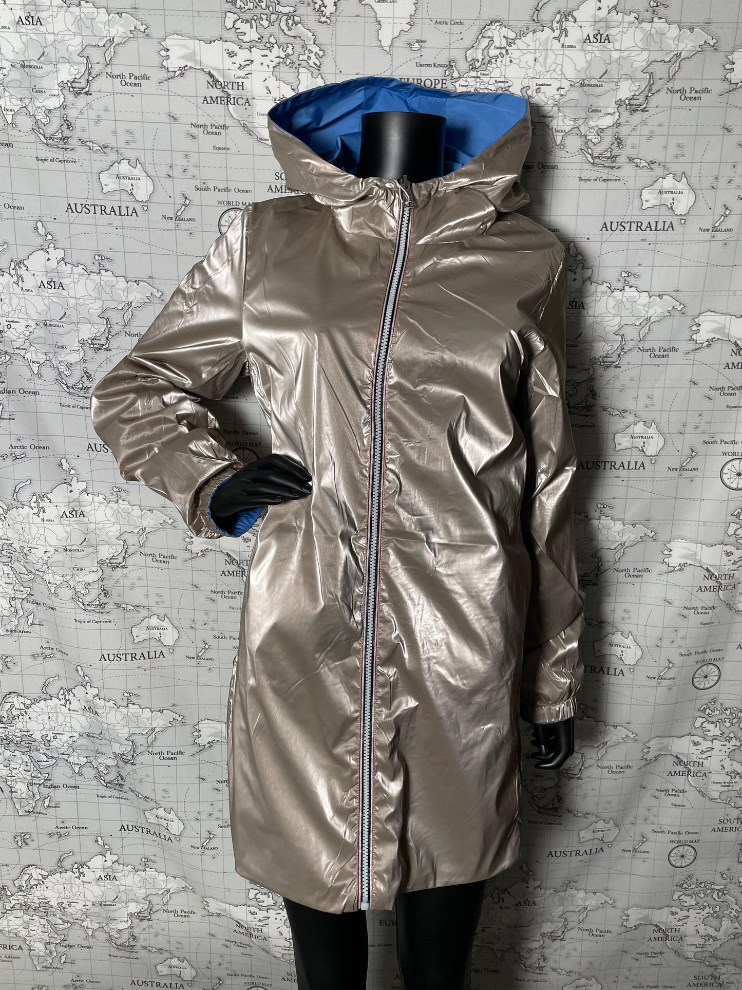 Manteau long réversible imperméable Melya Melody bleu doré - Le Petit Placard