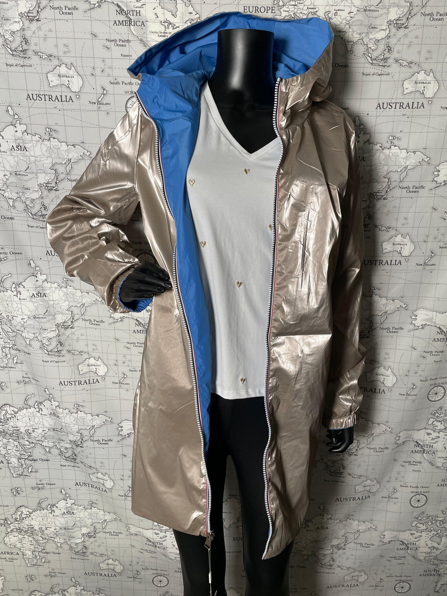 Manteau long réversible imperméable Melya Melody bleu doré - Le Petit Placard