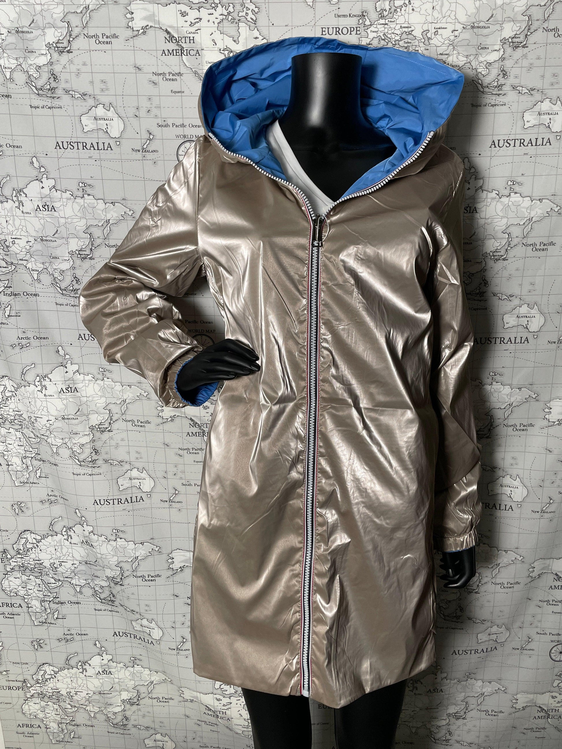 Manteau long réversible imperméable Melya Melody bleu doré - Le Petit Placard