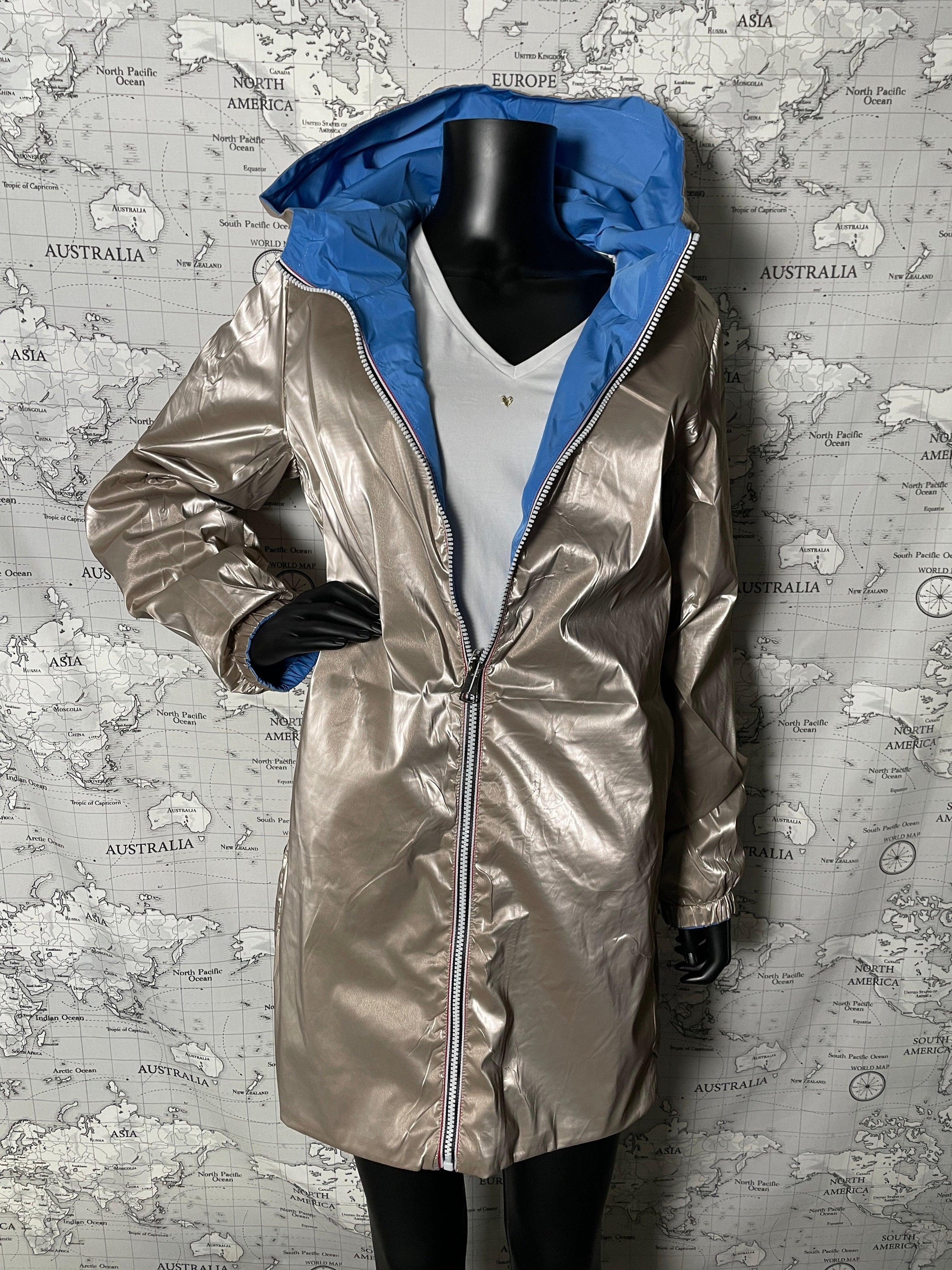 Manteau long réversible imperméable Melya Melody bleu doré - Le Petit Placard