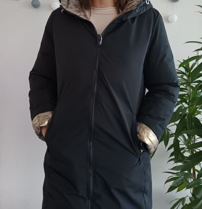 Melya Melody - Manteau long réversible et imperméable matelassé noir/léopard - Le Petit Placard