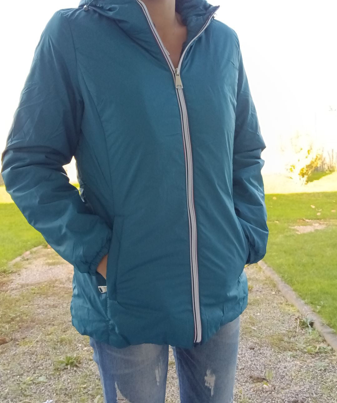 Melya Melody - Manteau court fourré imperméable légerement cintré bleu canard Melya Melody