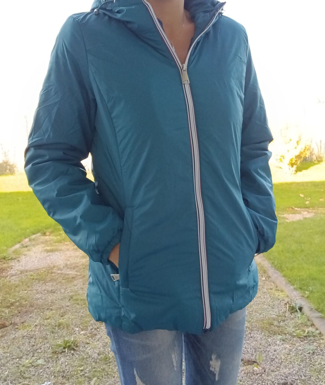 Melya Melody - Manteau court fourré imperméable légerement cintré bleu canard Melya Melody