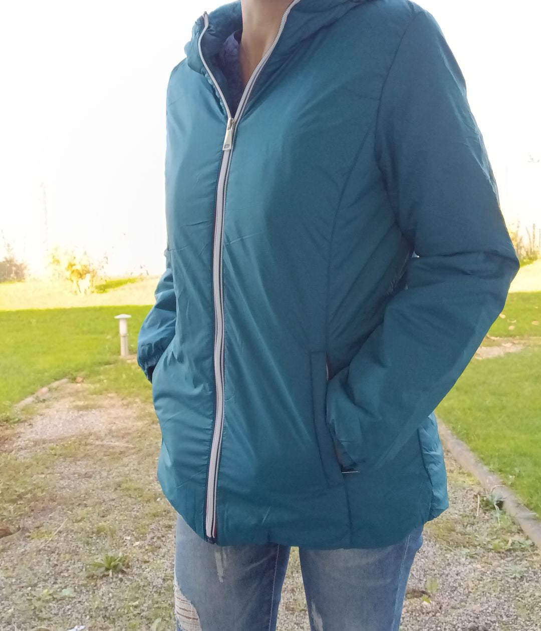 Melya Melody - Manteau court fourré imperméable légerement cintré bleu canard Melya Melody