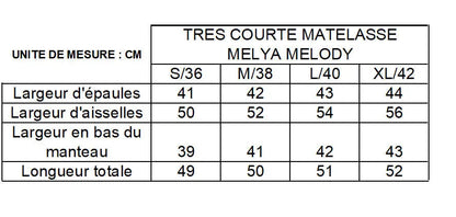 Manteau court imperméable matelassé noir brillant de la marque Melya Melody, avec capuche et fermeture éclair.