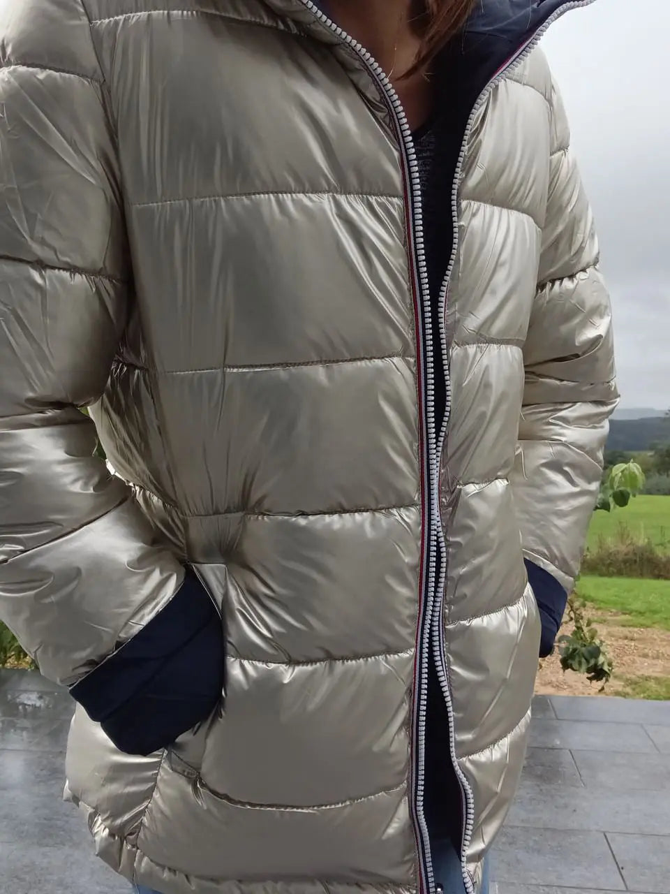 Melya Melody - Manteau court réversible et imperméable matelassé bleu marine/doré Melya Melody