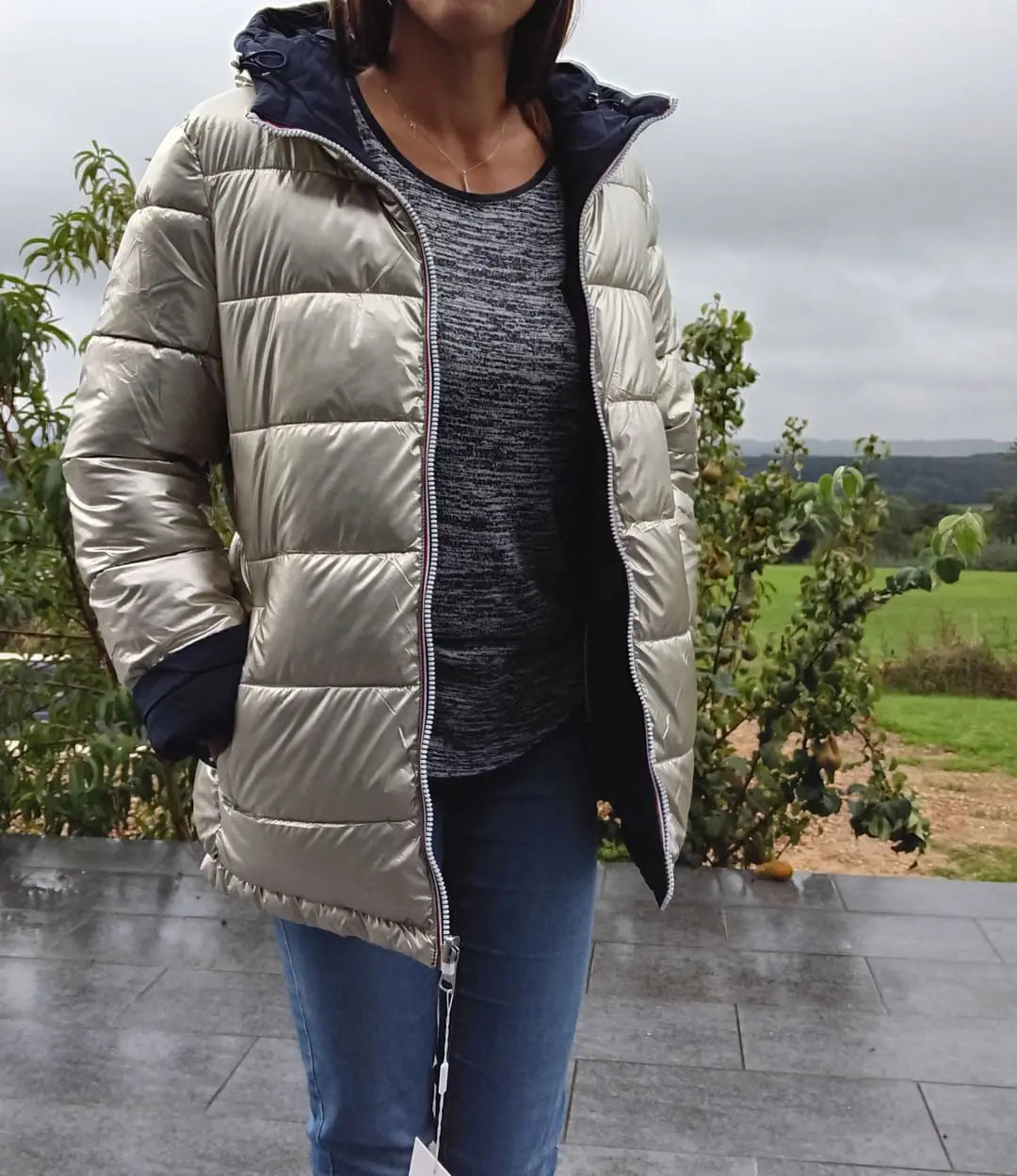 Melya Melody - Manteau court réversible et imperméable matelassé bleu marine/doré Melya Melody
