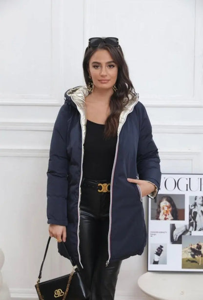 Melya Melody - Manteau long réversible et imperméable matelassé bleu marine doré Melya Melody