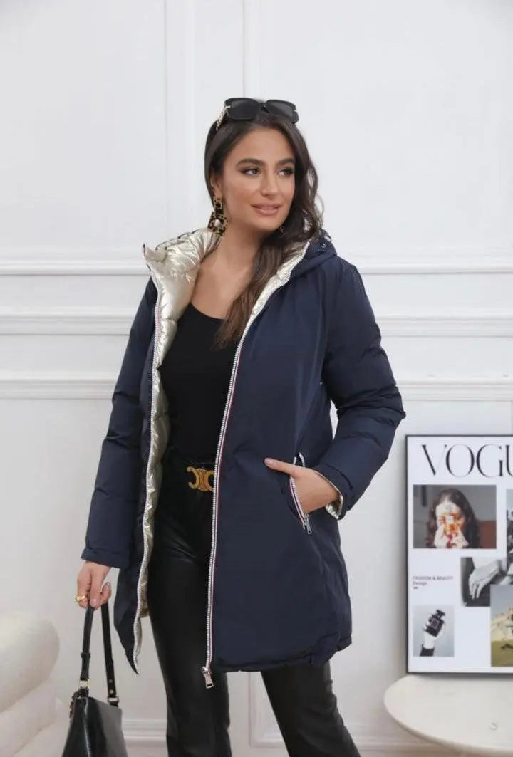 Melya Melody - Manteau long réversible et imperméable matelassé bleu marine doré Melya Melody