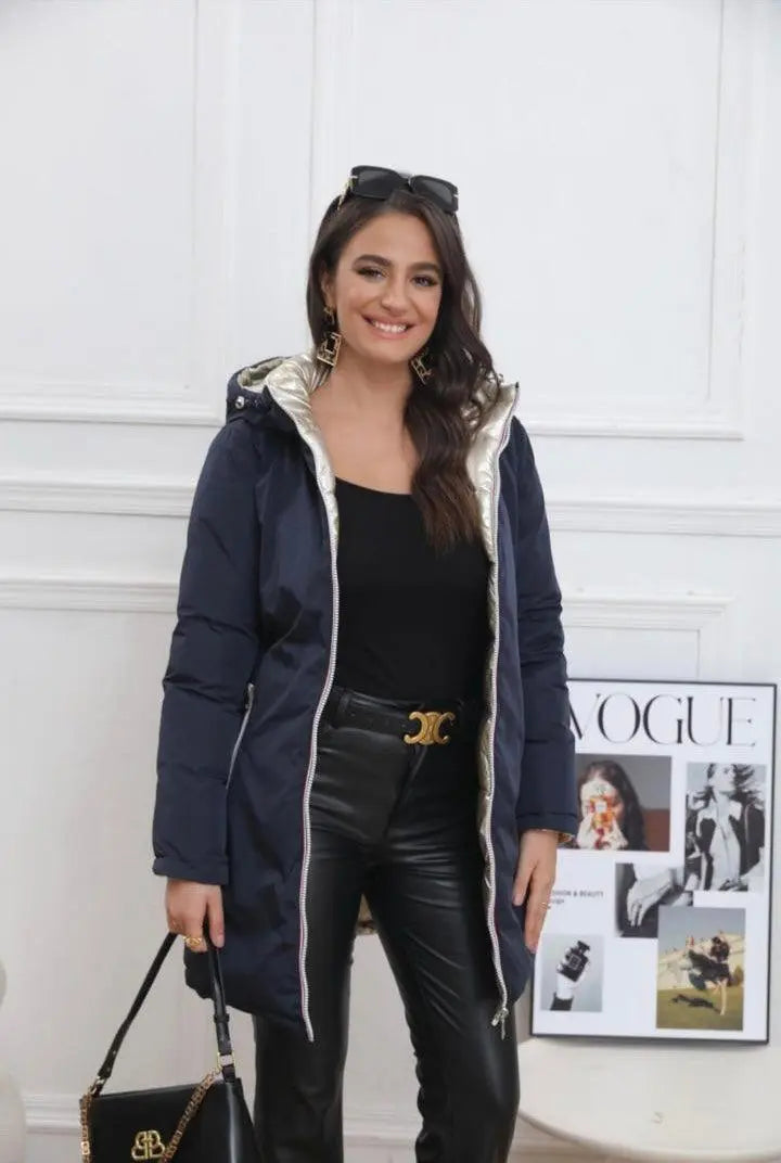 Melya Melody - Manteau long réversible et imperméable matelassé bleu marine doré Melya Melody