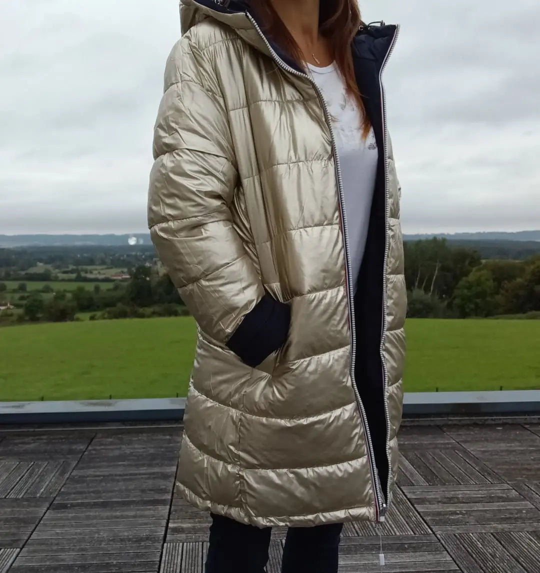 Melya Melody - Manteau long réversible et imperméable matelassé bleu marine doré Melya Melody