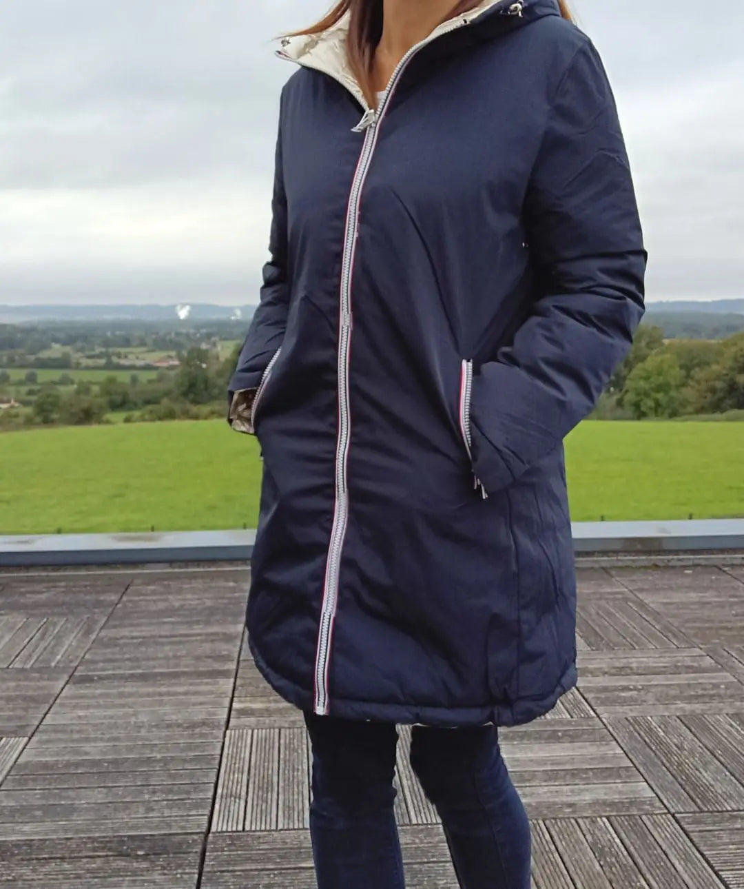 Melya Melody - Manteau long réversible et imperméable matelassé bleu marine doré Melya Melody
