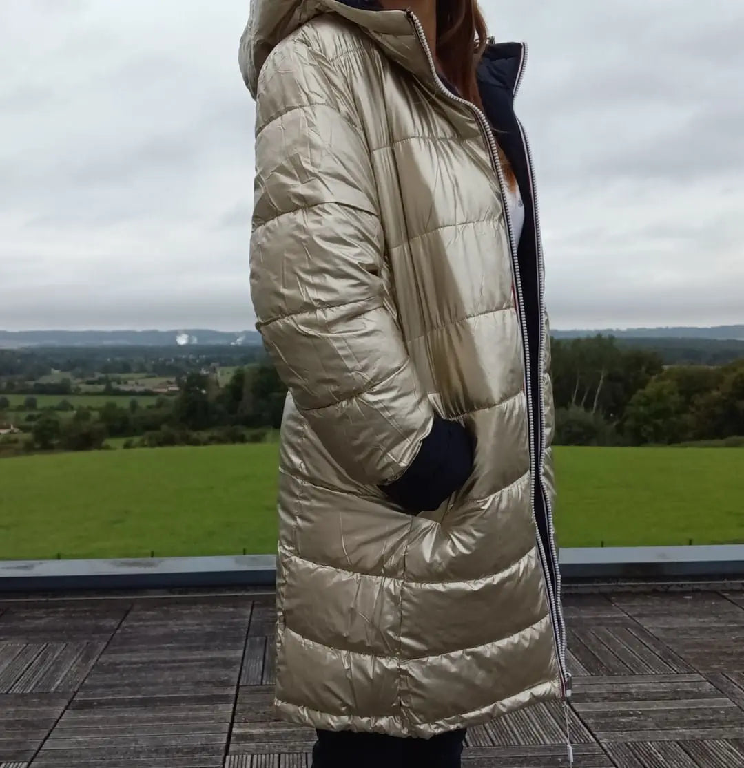 Melya Melody - Manteau long réversible et imperméable matelassé bleu marine doré Melya Melody