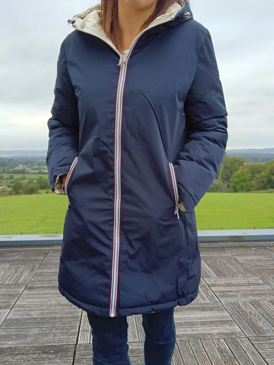 Melya Melody - Manteau long réversible et imperméable matelassé bleu marine doré Melya Melody