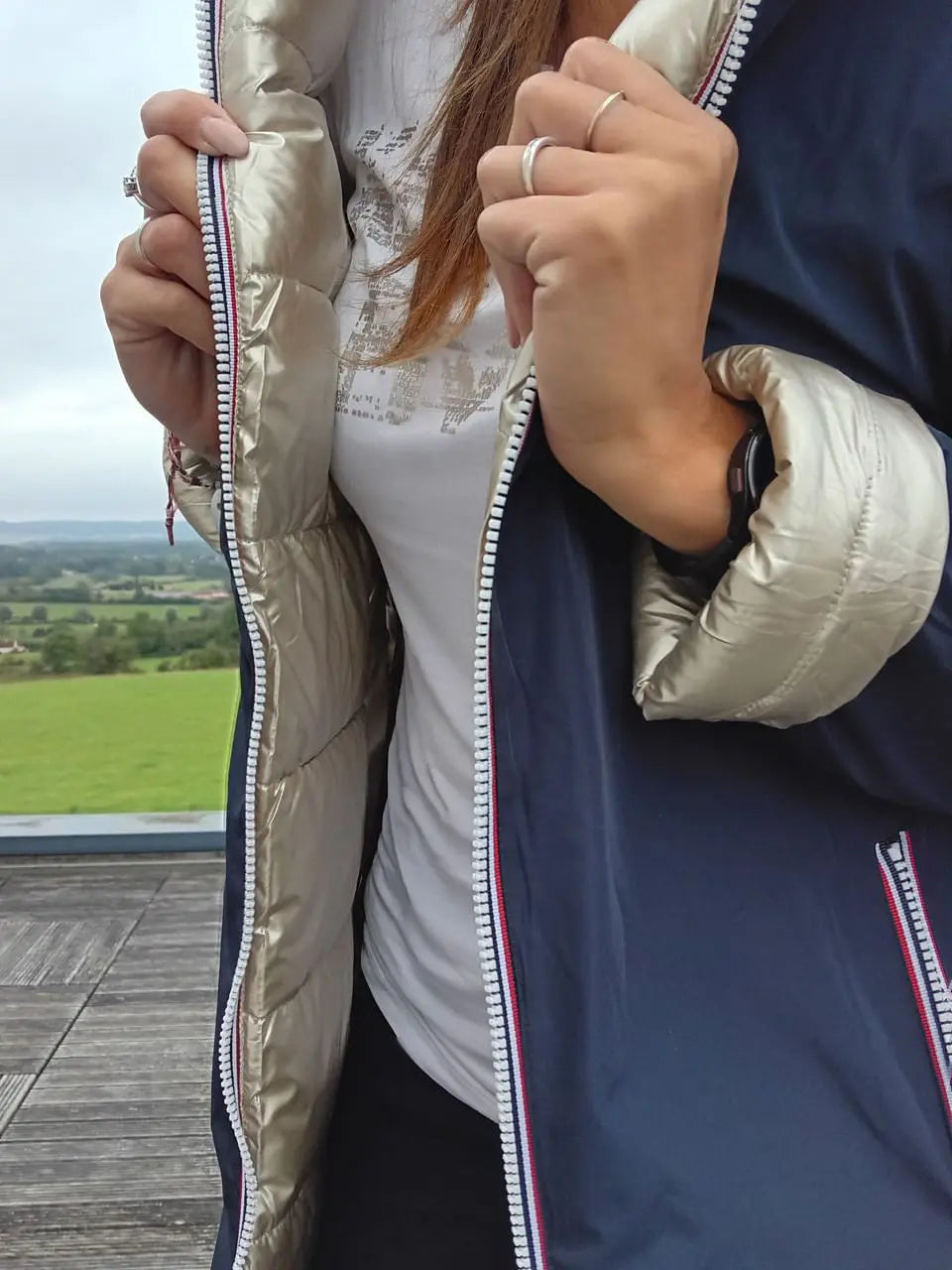 Melya Melody - Manteau long réversible et imperméable matelassé bleu marine doré Melya Melody