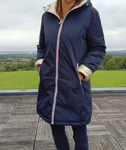 Melya Melody - Manteau long réversible et imperméable matelassé bleu marine doré Melya Melody