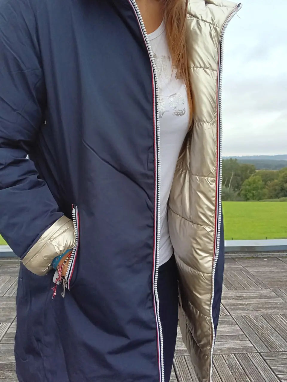 Melya Melody - Manteau long réversible et imperméable matelassé bleu marine doré Melya Melody