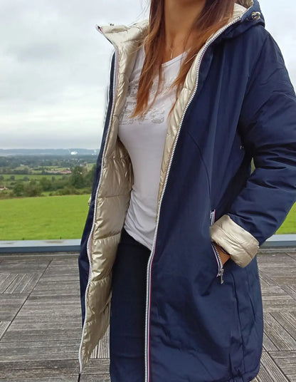 Melya Melody - Manteau long réversible et imperméable matelassé bleu marine doré Melya Melody