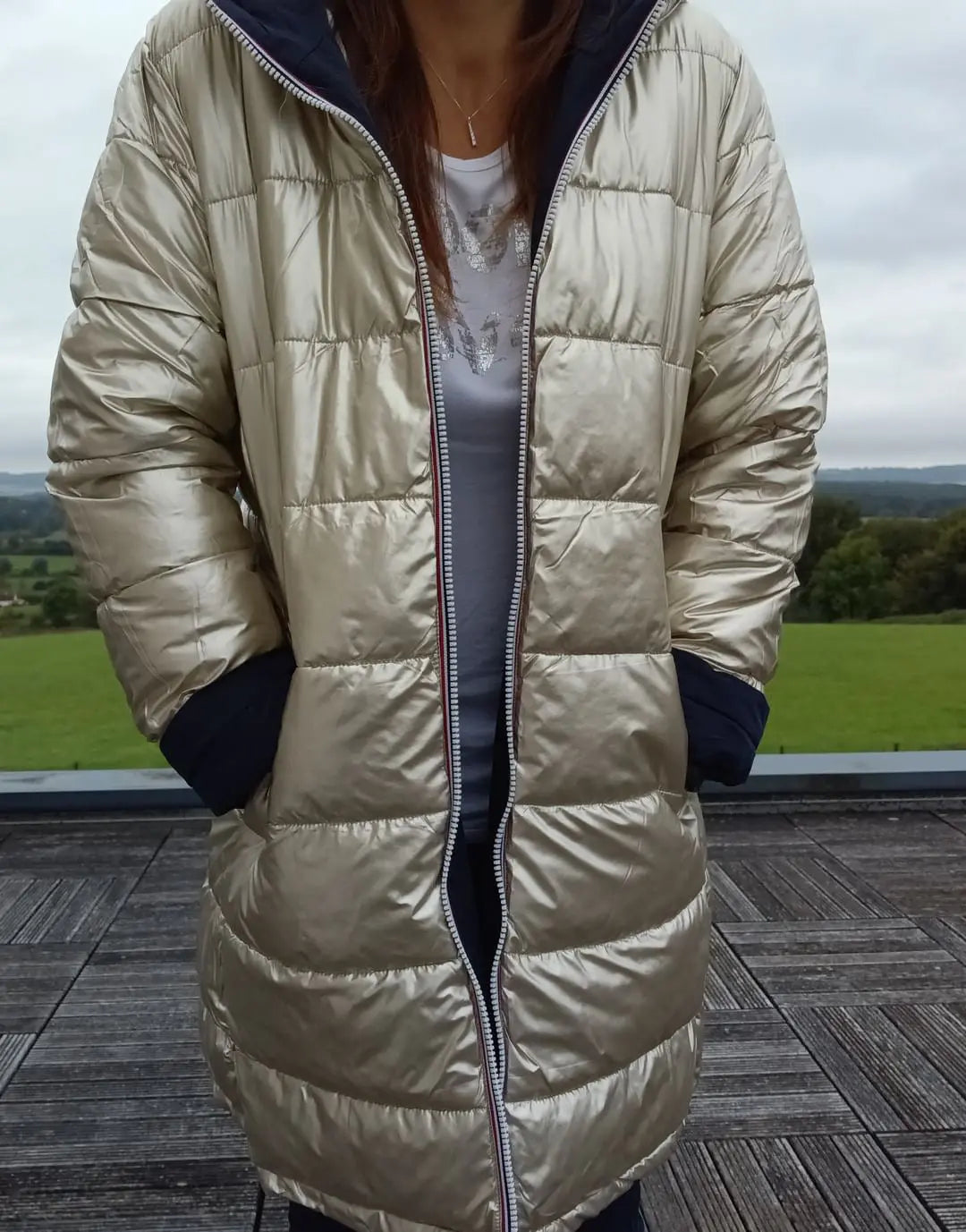 Melya Melody - Manteau long réversible et imperméable matelassé bleu marine doré Melya Melody