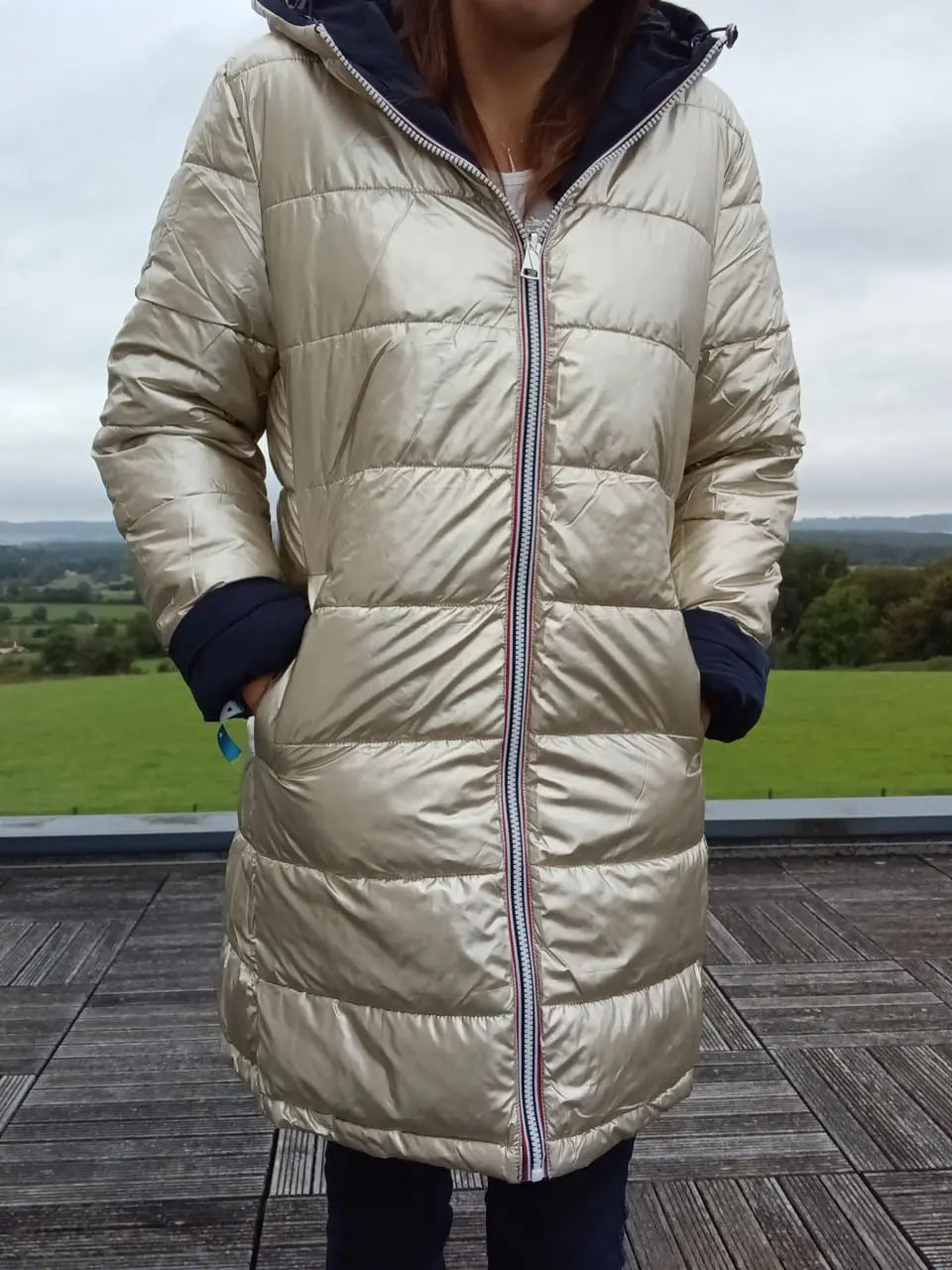Melya Melody - Manteau long réversible et imperméable matelassé bleu marine doré Melya Melody