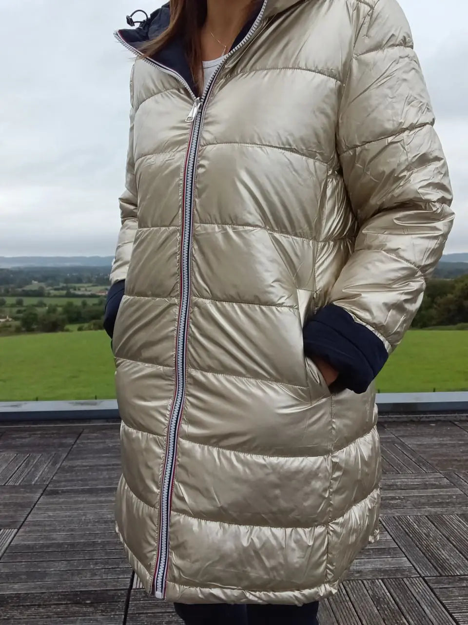 Melya Melody - Manteau long réversible et imperméable matelassé bleu marine doré Melya Melody