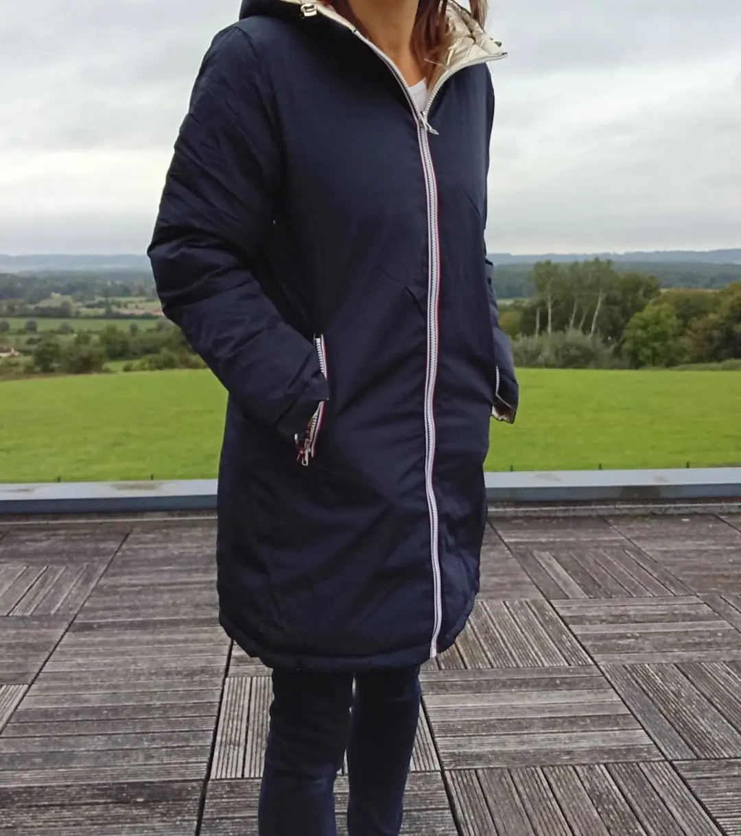 Melya Melody - Manteau long réversible et imperméable matelassé bleu marine doré Melya Melody