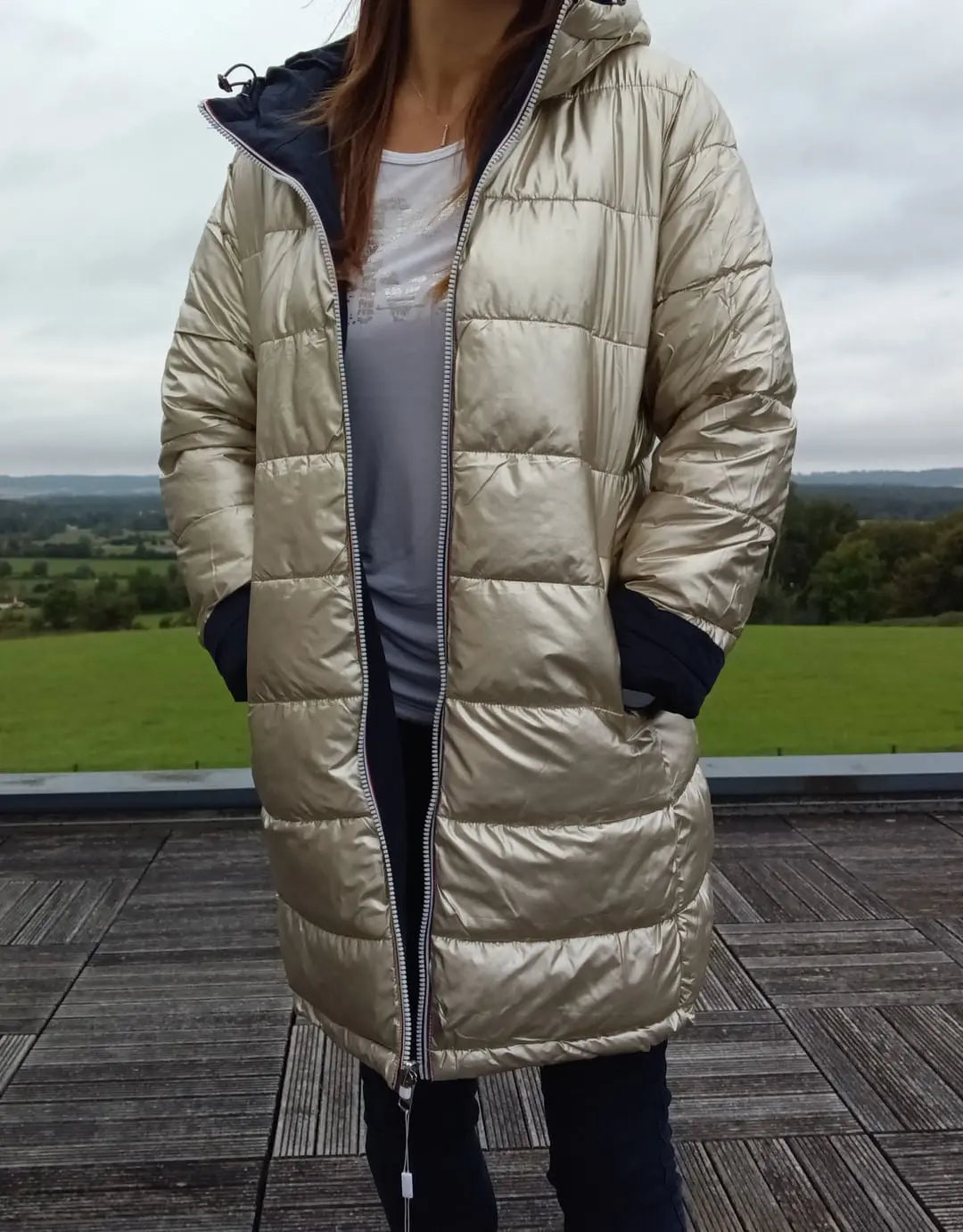 Melya Melody - Manteau long réversible et imperméable matelassé bleu marine doré Melya Melody