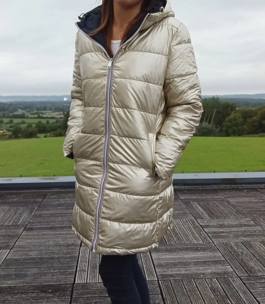 Melya Melody - Manteau long réversible et imperméable matelassé bleu marine doré Melya Melody