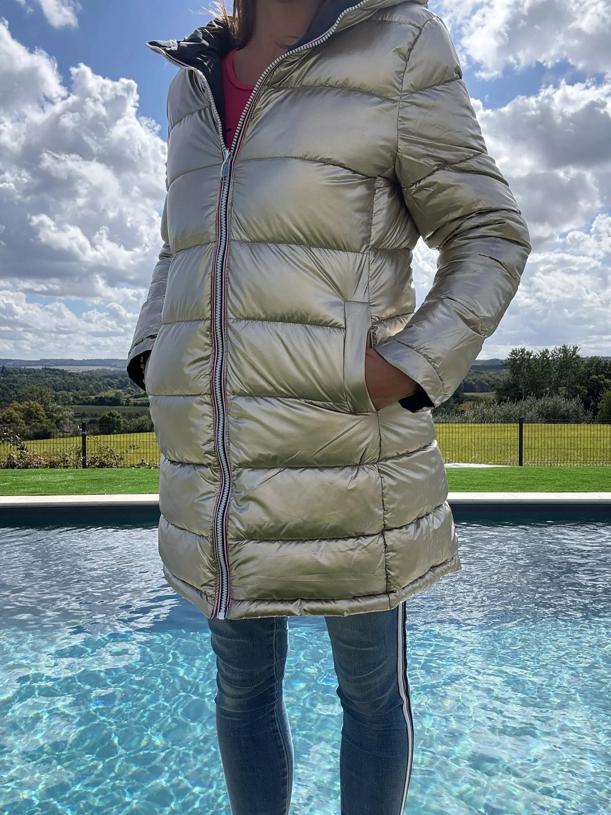 Melya Melody - Manteau long réversible et imperméable matelassé bleu marine doré Melya Melody