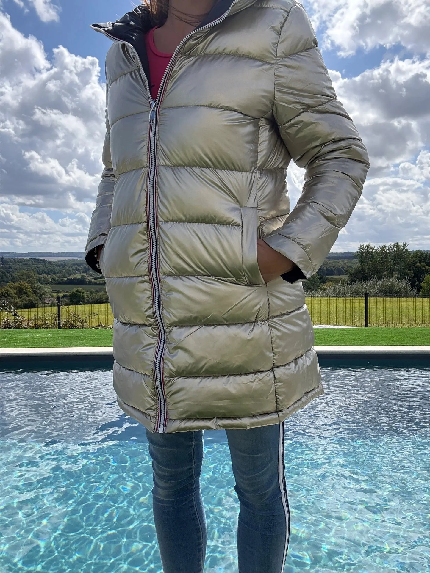Melya Melody - Manteau long réversible et imperméable matelassé bleu marine doré Melya Melody