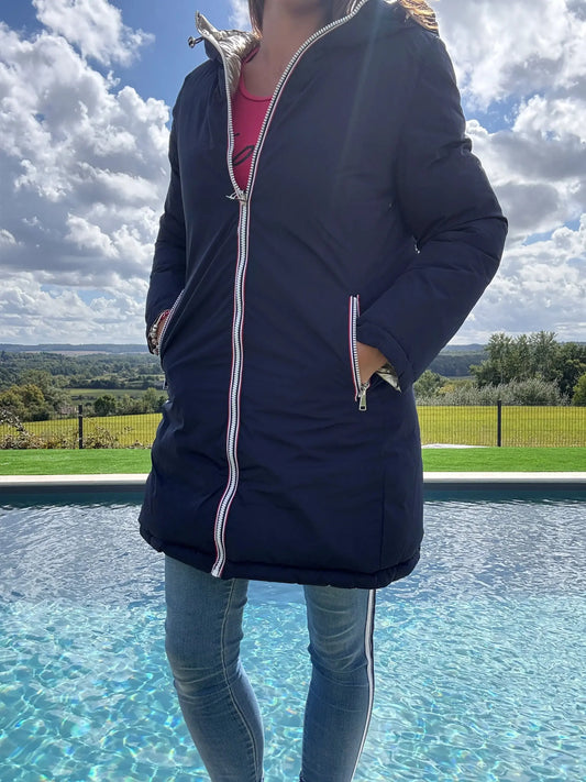 Melya Melody - Manteau long réversible et imperméable matelassé bleu marine doré Melya Melody