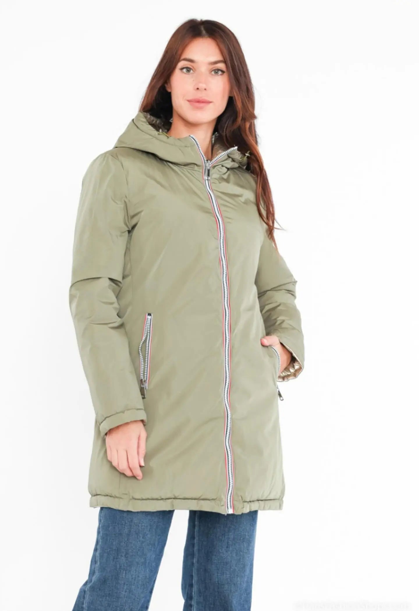 Melya Melody - Manteau long réversible et imperméable matelassé kaki clair/doré Melya Melody