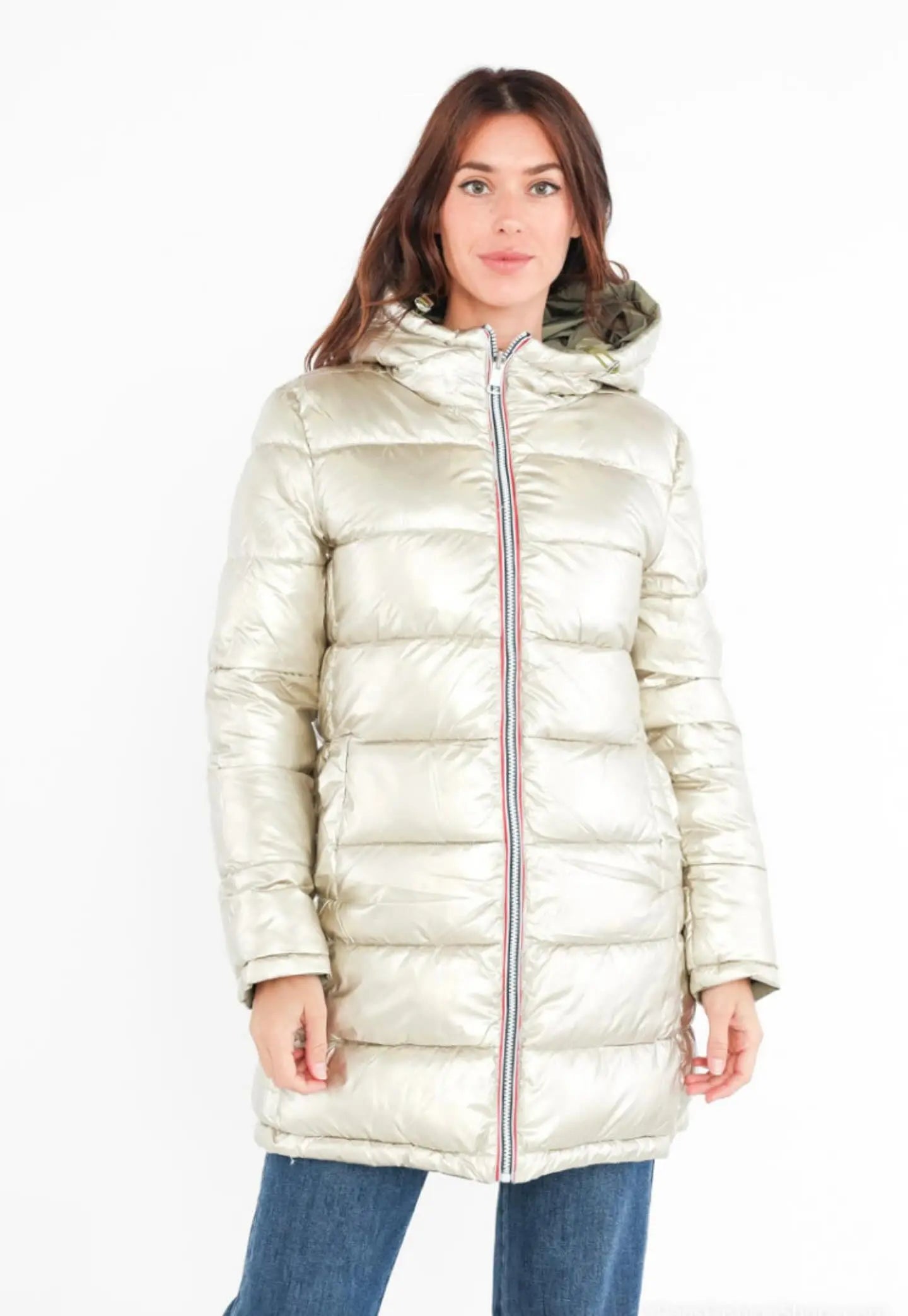 Melya Melody - Manteau long réversible et imperméable matelassé kaki clair/doré Melya Melody