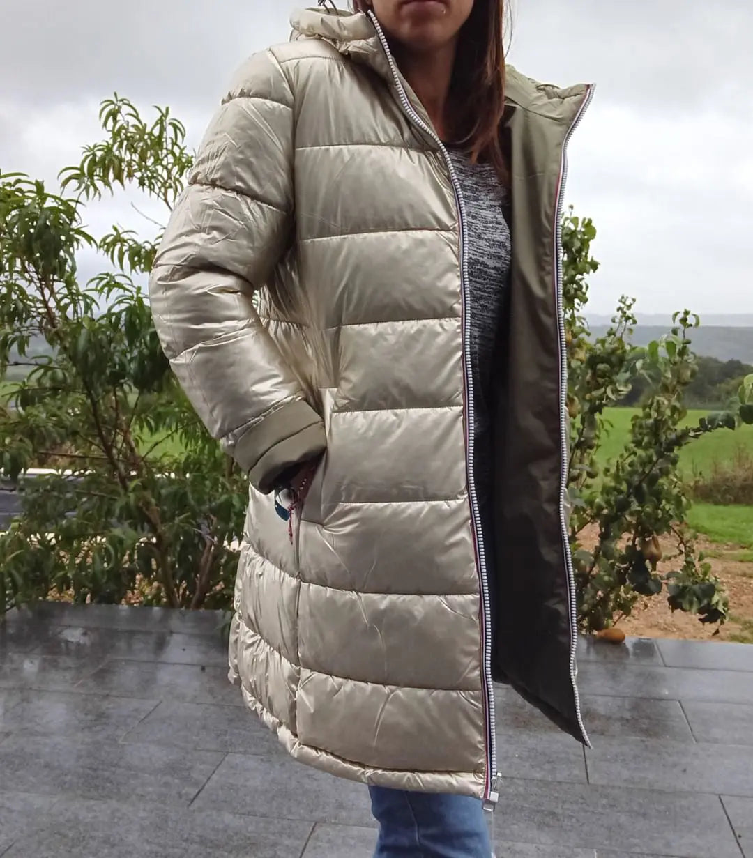 Melya Melody - Manteau long réversible et imperméable matelassé kaki clair/doré Melya Melody