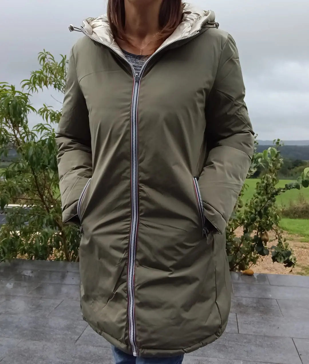 Melya Melody - Manteau long réversible et imperméable matelassé kaki clair/doré Melya Melody