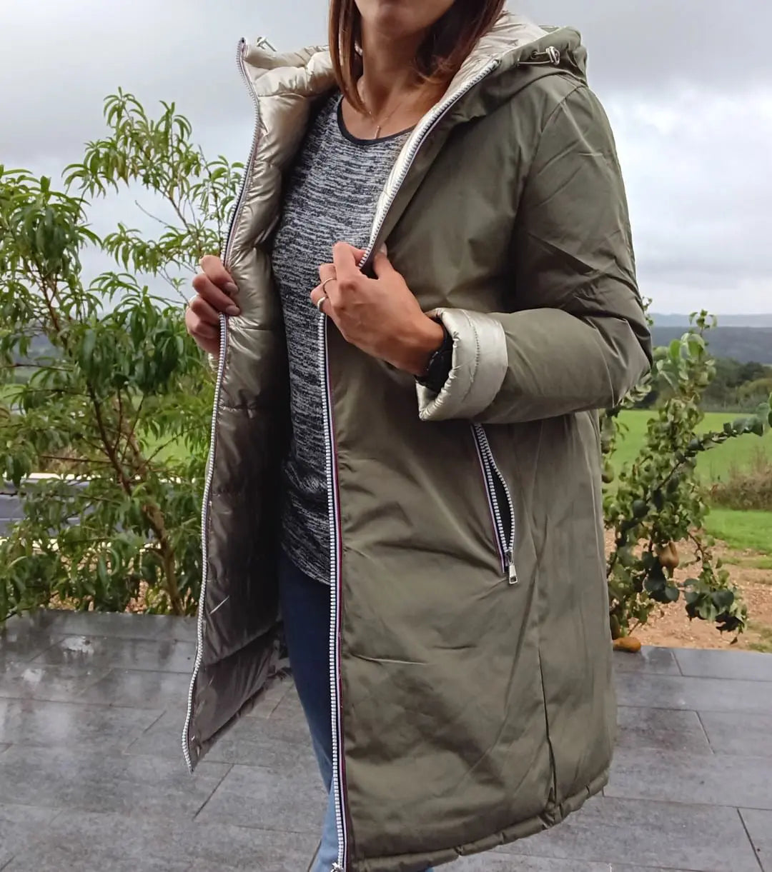 Melya Melody - Manteau long réversible et imperméable matelassé kaki clair/doré Melya Melody
