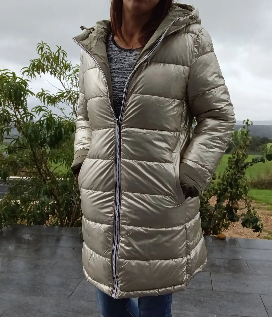 Melya Melody - Manteau long réversible et imperméable matelassé kaki clair/doré Melya Melody